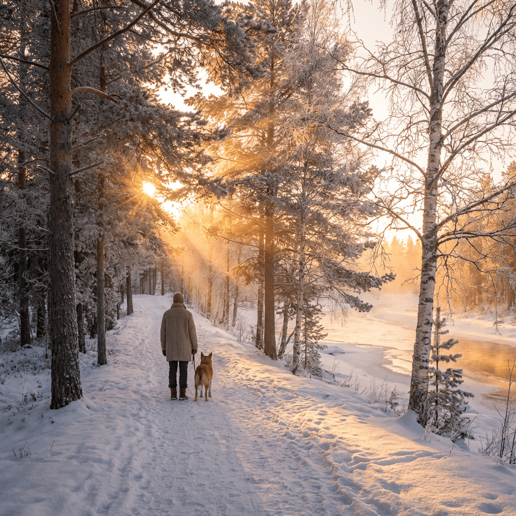 Person walking a dog on snowy forest path at sunrise