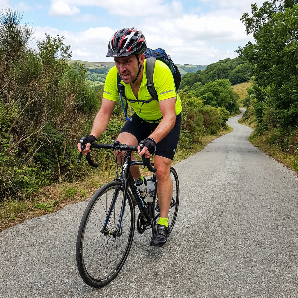 Man in neon yellow shirt cycling uphill on a rural road surrounded by greenery