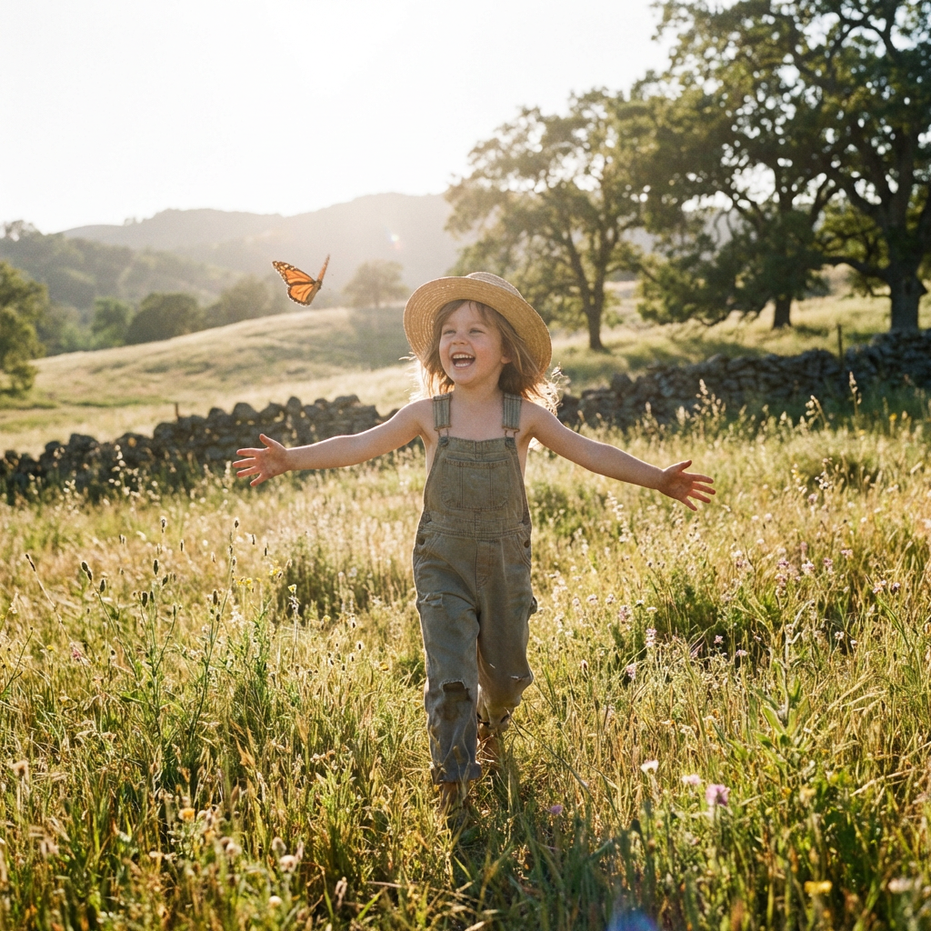 Child in overalls and hat running in grassy field reaching toward an orange butterfly